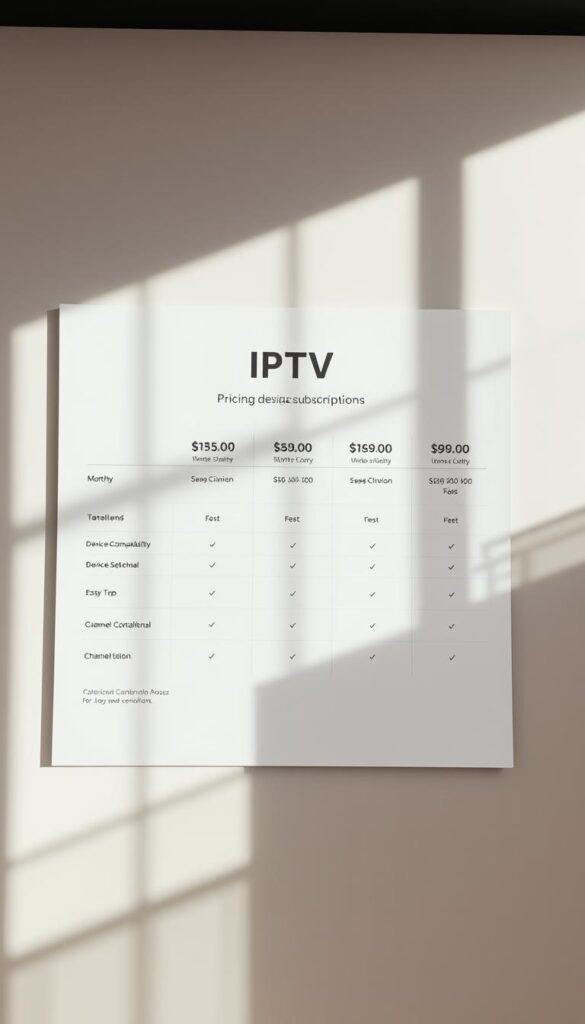A modern, sleek IPTV pricing display showcasing the subscription plans from IPTVANBIETERTV. A minimalist layout with clean typography highlights the monthly costs, device compatibility, and channel selection. Bright, natural lighting illuminates the scene, creating a professional, informative atmosphere. The display is set against a muted, neutral background, allowing the pricing details to take center stage. The overall design conveys a sense of simplicity, clarity, and value, reflecting the focus on the IPTV service's offerings.