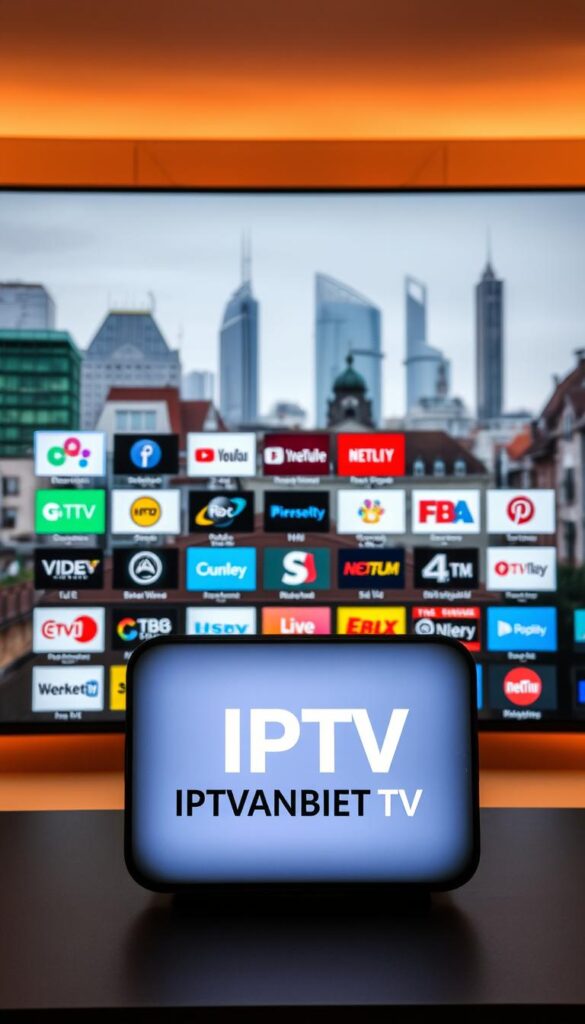 A modern, sleek IPTV provider interface showcasing the current German IPTV market. In the foreground, the IPTVANBIETERTV brand logo is prominently displayed, conveying a sense of professionalism and reliability. The middle ground features a grid of various IPTV service icons, each with a distinct visual style, highlighting the diversity of options available to German consumers. The background depicts a cityscape of contemporary German architecture, providing a contextual setting for the IPTV services. The overall scene is bathed in a warm, inviting lighting scheme, creating a pleasant and approachable atmosphere. The composition is balanced and visually striking, effectively conveying the essence of the German IPTV landscape.