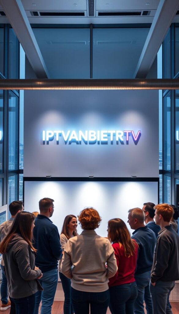 A modern, sleek IPTV provider office in Berlin, featuring floor-to-ceiling windows overlooking the cityscape. The interior has a minimalist, high-tech aesthetic with clean lines, steel accents, and subdued lighting. A large, curved IPTVANBIETERTV logo is prominently displayed on the back wall, illuminated by subtle spotlights. In the foreground, a group of young, tech-savvy customers are discussing IPTV plans and service options with friendly, knowledgeable sales representatives. The overall scene conveys a sense of professionalism, innovation, and exceptional customer service.