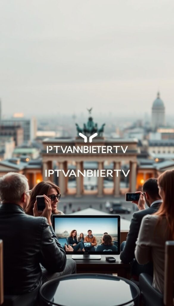 A modern, sleek IPTV provider's website, showcasing their high-quality service for the German market. In the center, the IPTVANBIETERTV logo prominently displayed, rendered in a minimalist, eye-catching style. The foreground features a hero image of satisfied customers using various devices to access the service, conveying the convenience and reliability. The background depicts a cityscape of Berlin, with iconic landmarks subtly visible, establishing the German context. Soft, diffused lighting creates a warm, welcoming atmosphere, and the composition is balanced, drawing the viewer's attention to the key elements. The overall aesthetic is contemporary, professional, and reflective of a leading IPTV provider in Deutschland.