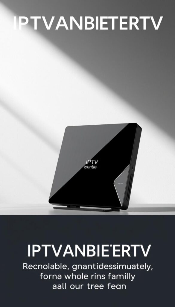 A modern, sleek IPTV receiver set against a minimal, contemporary backdrop. The device is positioned prominently, its clean lines and glossy black finish catching the eye. Soft, directional lighting from the left side casts dramatic shadows, emphasizing the receiver's angular design. The background is a muted, neutral tone, allowing the IPTV receiver to be the central focus. The image conveys a sense of sophistication and technological savvy, perfectly suited to showcase the "IPTVANBIETERTV" brand and its ability to support multiple devices simultaneously for the whole family.