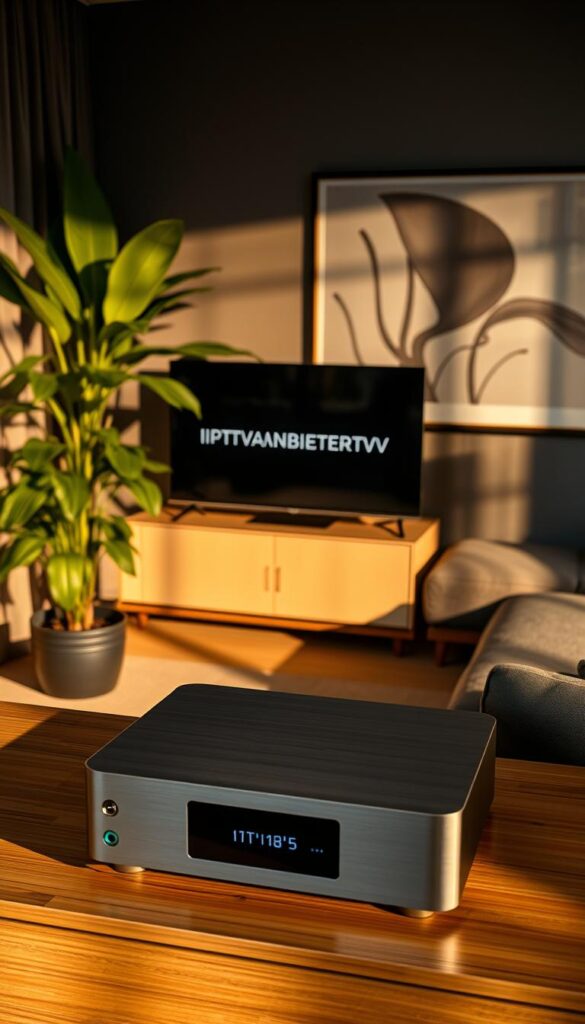 A modern, sleek IPTV receiver with a compact, minimalist design sits atop a minimalist, wooden media console in a cozy, dimly lit living room. The receiver's brushed aluminum chassis gleams under warm, indirect lighting, casting soft shadows across the room. The screen displays the IPTVANBIETERTV logo, hinting at the high-quality IPTV service it provides. Lush, verdant plants in the background add a touch of nature, while a large, framed artwork on the wall and a plush, gray sectional sofa create a sophisticated, inviting atmosphere. The overall scene conveys a sense of premium, seamless home entertainment.