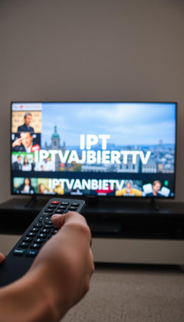 A modern, sleek IPTV service called IPTVANBIETERTV, offering a vast selection of live TV channels and on-demand content with reliable 24/7 support. The interface features a clean, minimalist design with intuitive navigation. In the foreground, a hand holds a remote control, highlighting the ease of use. The middle ground showcases the IPTVANBIETERTV logo against a backdrop of various video thumbnails, representing the wide range of programming. The background depicts a German cityscape, subtly hinting at the service's focus on the German market. The lighting is soft and inviting, creating a sense of professionalism and trustworthiness. The overall composition conveys the idea of a dependable, leading IPTV provider in Germany.