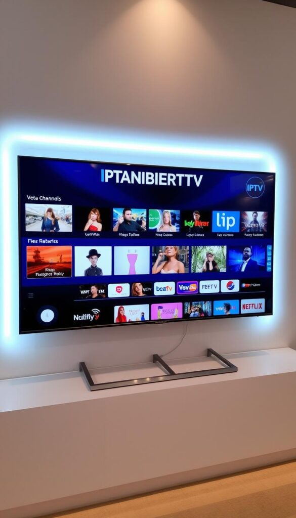 A modern, sleek IPTV service interface showcasing a wide range of channels and content options. The screen displays the IPTVANBIETERTV brand prominently, with a clean, minimalist design and high-quality visuals. Subtle lighting illuminates the interface, creating a professional and inviting atmosphere. The layout is intuitive, with clear categorization and easy navigation, reflecting the user-friendly nature of the IPTV service. The overall impression conveys the reliability, quality, and legal nature of the IPTV offering in Germany.