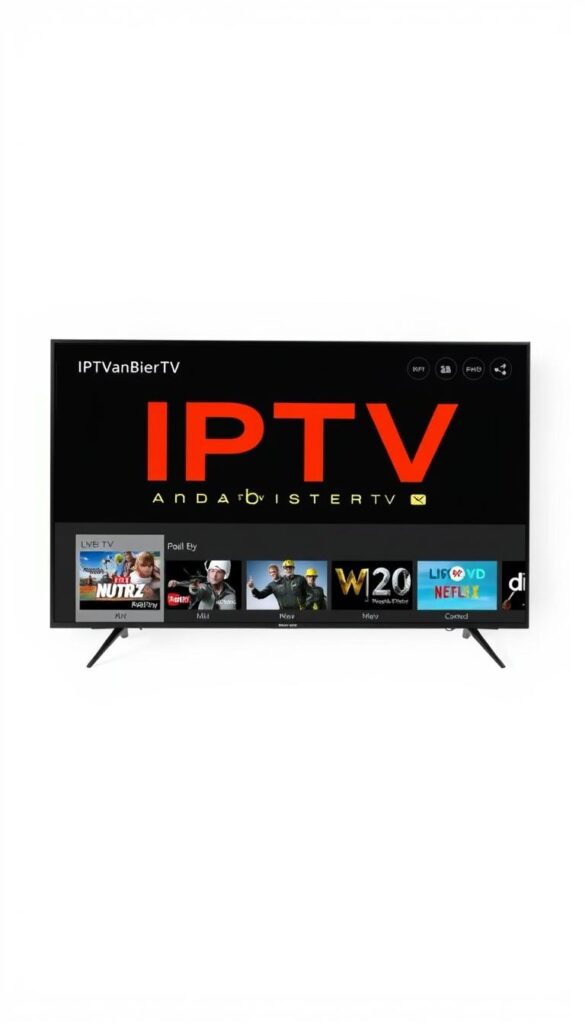 A modern, sleek IPTV service interface with the brand name "IPTVANBIETERTV" prominently displayed. The interface features a clean, minimalist design with intuitive navigation and a selection of popular live TV channels and on-demand content. The background is a soft, neutral color, allowing the interface elements to stand out. The overall mood is professional, trustworthy, and user-friendly, conveying the legality and reliability of the IPTV service in Germany.