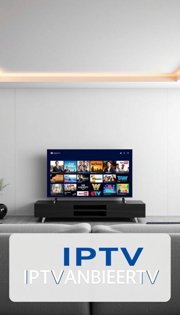 A modern, sleek IPTV service platform with a minimalist user interface. The display showcases a diverse array of high-definition entertainment channels, seamlessly integrated for a cohesive viewing experience. The foreground features the brand name "IPTVANBIETERTV" prominently displayed, conveying a sense of reliable, premium IPTV service. The middle ground depicts a living room setting, with a comfortable couch and a large, high-quality television screen showcasing crisp, vibrant imagery. The background presents a softly blurred city skyline, hinting at the global reach and connectivity of the IPTV service. The overall mood is one of sophistication, technological advancement, and the convenience of modern entertainment.