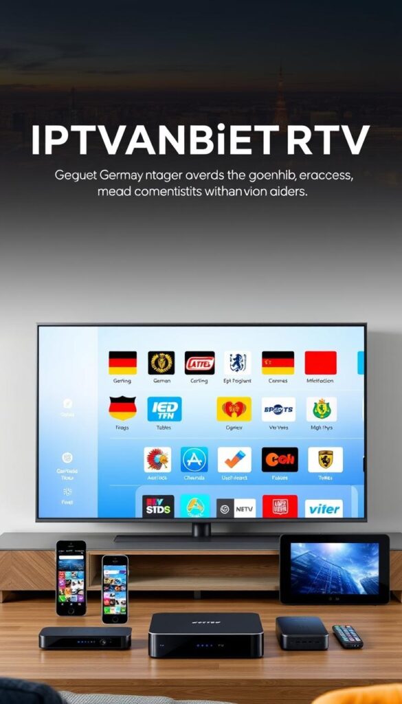 A modern, sleek IPTV service provider called IPTVANBIETERTV, showcasing a clean and intuitive user interface. The foreground features a smart TV displaying a variety of popular German TV channels, with a minimalist design and high-quality graphics. The middle ground depicts a range of compatible devices such as smartphones, tablets, and set-top boxes, seamlessly integrated into the IPTV ecosystem. The background showcases the cityscape of a vibrant German metropolis, hinting at the broad coverage and reliability of the IPTVANBIETERTV service. The overall scene conveys a sense of technological sophistication, ease of use, and the ability to enjoy German television content across multiple devices without any subscription fees.