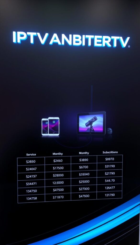 A modern, sleek IPTV service provider display showcasing a sophisticated pricing structure and subscription options. A minimalist, high-contrast design featuring the brand name "IPTVANBIETERTV" prominently displayed in a bold, futuristic font. The foreground highlights various service tiers and their corresponding monthly fees, presented in a clean, organized layout. The middle ground depicts digital devices like smartphones and tablets, hinting at the multiplatform accessibility. The background features a subtle technical pattern or gradient, evoking the digital nature of the IPTV service. The overall aesthetic is professional, visually appealing, and conveys a sense of premium quality and reliable service.