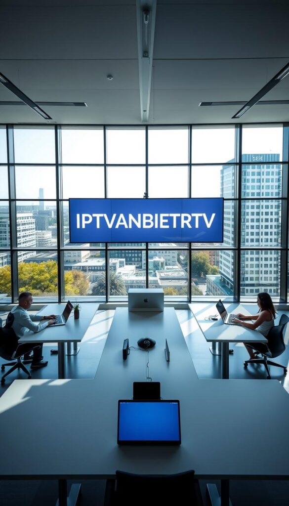 A modern, sleek IPTV service provider office with a minimalist design and large windows overlooking the cityscape of Deutschland. The office features a central display showcasing the IPTVANBIETERTV brand name in a bold, clean font. The space is filled with natural light, creating a bright and airy atmosphere. Employees are seen working at their desks, collaborating on their laptops. The overall impression is one of professionalism, efficiency, and a commitment to providing high-quality IPTV services to customers in Germany.