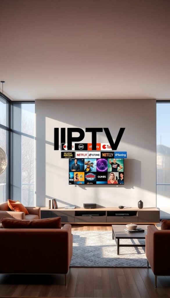A modern, sleek IPTV service with a clean, minimalist design. The interface features bold, vibrant colors and smooth, fluid animations, showcasing a diverse selection of live channels and on-demand content. The scene is set in a stylish, contemporary living room, with large windows allowing natural light to flood the space. The IPTVANBIETERTV logo is prominently displayed, conveying a sense of professionalism and reliability. The overall atmosphere is one of comfort, entertainment, and technological sophistication, capturing the essence of the IPTV experience in Deutschland.