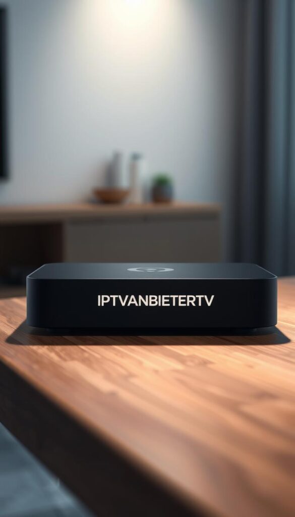 A modern, sleek IPTV set-top box resting on a minimalist wooden table, showcasing the IPTVANBIETERTV brand. The device is rendered in high detail, with a matte black finish and clean lines. Soft, directional lighting from above creates subtle shadows, highlighting the device's premium design. The background is a blurred, serene indoor scene, allowing the IPTV box to be the focal point. The overall mood is one of sophistication and technological advancement, reflecting the comprehensive device support offered by IPTVANBIETERTV.