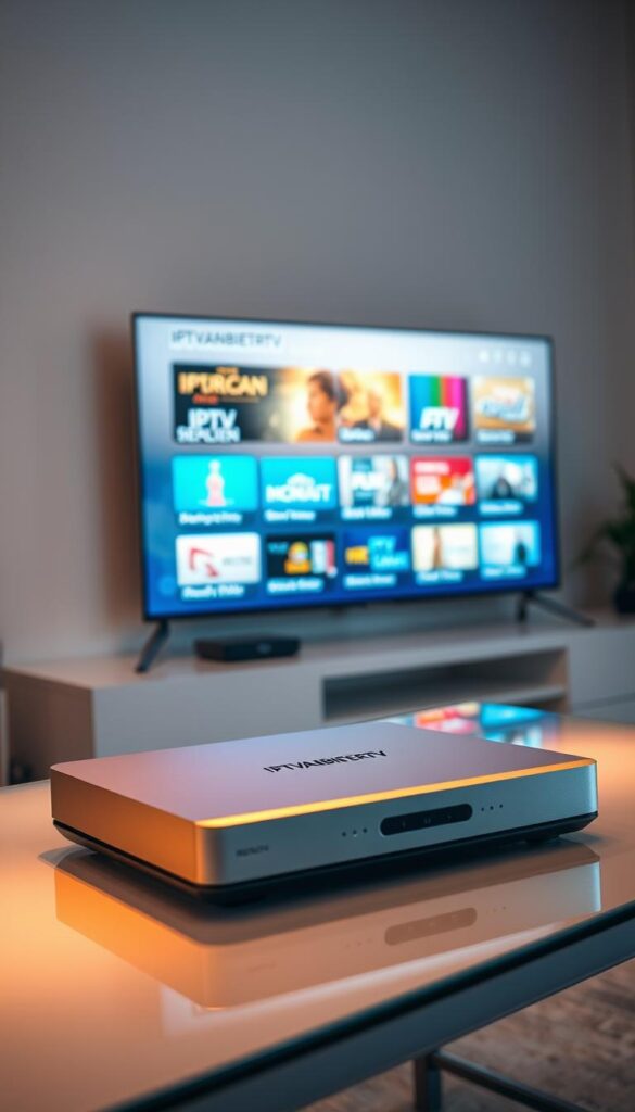 A modern, sleek IPTV set-top box rests on a minimalist, glass-topped table. The device features the brand name "IPTVANBIETERTV" prominently displayed. Soft, indirect lighting casts a warm glow, creating a cozy atmosphere. In the background, a wall-mounted display showcases a vibrant, high-definition interface with various IPTV package options for Berlin. The scene conveys a sense of technological sophistication and the convenience of having multiple IPTV services at one's fingertips.