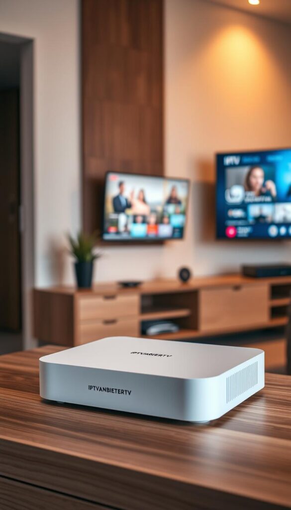 A modern, sleek IPTV set-top box sits on a minimalist wood-grain media console, showcasing the IPTVANBIETERTV brand. The device displays a crisp, high-definition television interface, with a selection of live channels and on-demand content. The room is bathed in warm, soft lighting, creating a cozy, relaxed atmosphere. In the background, a large flatscreen television mounted on the wall displays additional programming, demonstrating the multi-device support. The composition highlights the convenience and flexibility of the IPTV service, allowing users to enjoy their favorite content across various screens throughout the home.