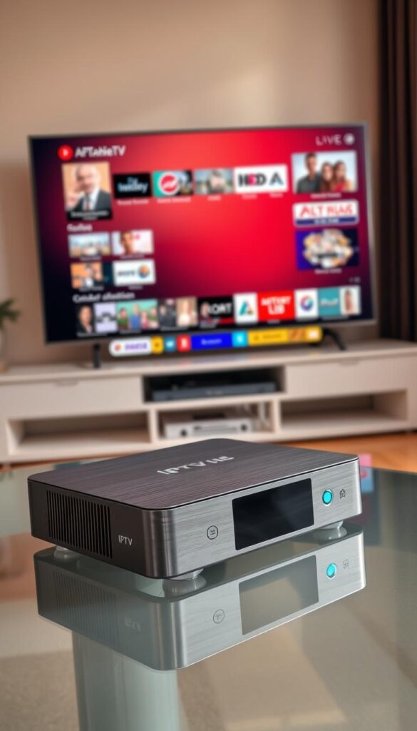 A modern, sleek IPTV set-top box with a simple and intuitive user interface sits on a minimalist, glass-topped table. The device's design features clean lines, a brushed metal chassis, and a soft blue LED indicator light. In the background, a large, high-definition TV screen displays a menu showcasing the wide variety of live TV channels and on-demand content available through the IPTVANBIETERTV service. The room is bathed in warm, natural lighting, creating a welcoming and inviting atmosphere. The overall scene conveys the ease and convenience of accessing a comprehensive IPTV service in the comfort of one's own home.