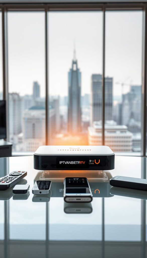 A modern, sleek IPTV set-top box with the IPTVANBIETERTV logo sitting prominently on a glass tabletop. The box is backlit with a soft warm glow, casting a subtle halo effect. Multiple remote controls and mobile devices are arranged around the box, suggesting the ability to use the IPTV service on various screens simultaneously. The background is a minimalist, urban cityscape of Frankfurt, with the iconic skyline visible through large windows. The lighting is bright and natural, creating a sense of connectivity and productivity. An atmosphere of comfort, convenience, and technological integration permeates the scene.