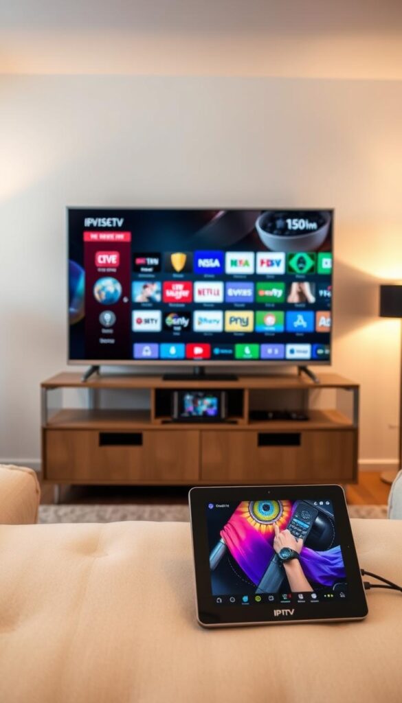 A modern, sleek IPTV setup for expats in Germany, showcasing the IPTVANBIETERTV brand. In the foreground, a smart TV displays a vibrant, high-definition interface with a variety of international channels. In the middle ground, a tablet or mobile device is connected, allowing for seamless multi-device access. The background depicts a cozy, well-lit living room, with plush furniture and warm lighting, creating a comfortable and inviting atmosphere for the expat viewer. The overall scene conveys the convenience, reliability, and premium quality of the IPTV service, catering to the needs of expats living in Germany.