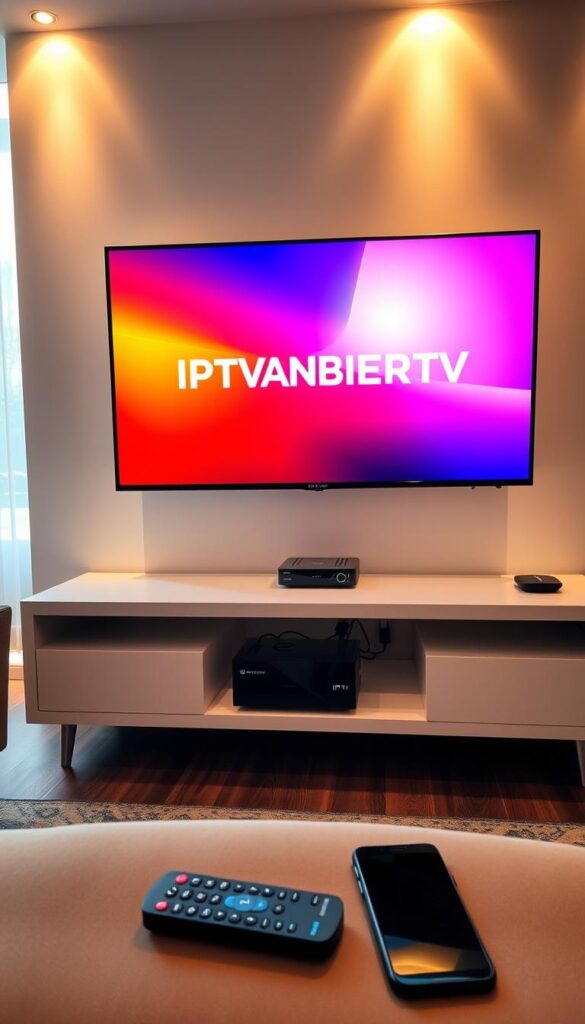 A modern, sleek IPTV setup in a cozy living room. A large 4K smart TV dominates the center, its screen displaying the IPTVANBIETERTV logo against a crisp, vibrant backdrop. Beneath it, a compact media box sits atop a minimalist entertainment console, various cables neatly routed. Indirect lighting casts a warm glow, creating a welcoming atmosphere. In the foreground, a wireless remote and a smartphone lie ready, highlighting the seamless integration of devices. The room's decor is tasteful and uncluttered, putting the focus on the IPTV technology. An expansive window floods the space with natural light, conveying a sense of openness and connectivity.