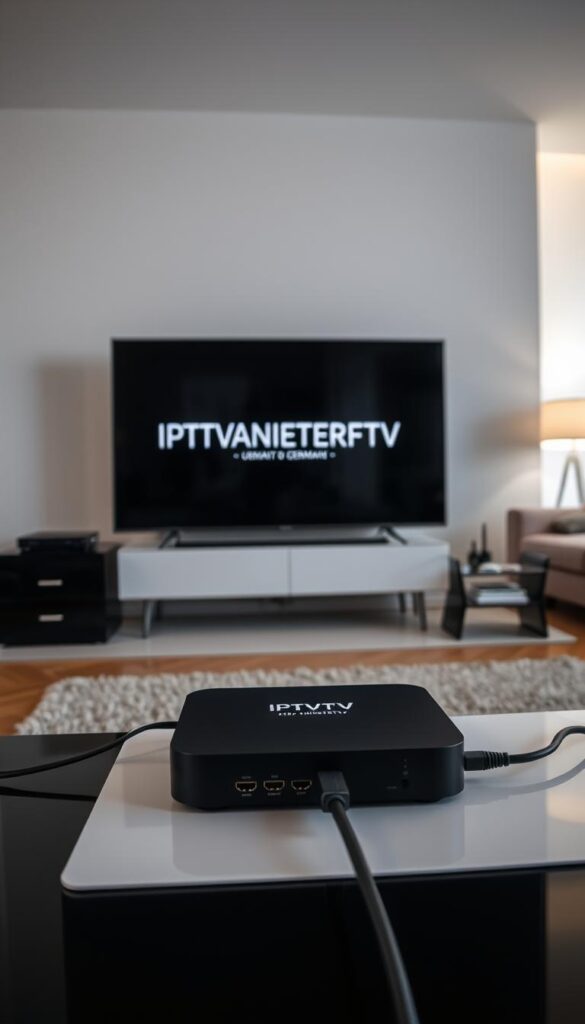 A modern, sleek IPTV setup in a living room setting. In the foreground, a high-end 4K smart TV with the IPTVANBIETERTV brand prominently displayed on the screen. In the middle ground, a compact IPTV set-top box connected to the TV via HDMI, with various cables and ports visible. The background shows a minimalist, well-lit room with modern furniture and decor, creating a sophisticated and technology-focused atmosphere. The overall scene conveys the seamless integration of IPTV technology into a contemporary German home environment.