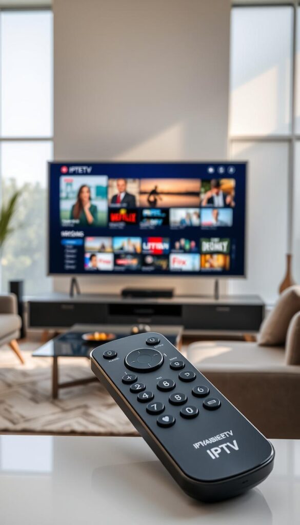 A modern, sleek IPTV setup with a large flatscreen TV displaying various streaming content, surrounded by a minimalist living room with large windows letting in soft, natural light. In the foreground, a high-end remote control with the IPTVANBIETERTV logo prominently featured. The composition emphasizes the convenience and superior visual quality of IPTV compared to traditional cable or satellite TV, creating a sense of an immersive, cutting-edge home entertainment experience.