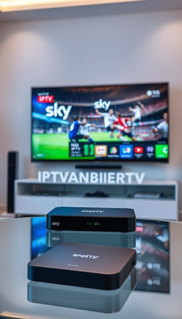 A modern, sleek IPTV setup with the IPTVANBIETERTV brand prominently displayed. In the foreground, a high-end streaming device with a minimalist design sits atop a glass table, reflecting the room's ambient lighting. The middle ground features a large flatscreen TV mounted on the wall, showcasing the crisp, vibrant display of Sky Sports content. The background has a clean, minimalist aesthetic with subtle lighting accents, creating a calm and sophisticated atmosphere. The overall scene conveys flexibility, affordability, and the premium quality of the IPTV service.