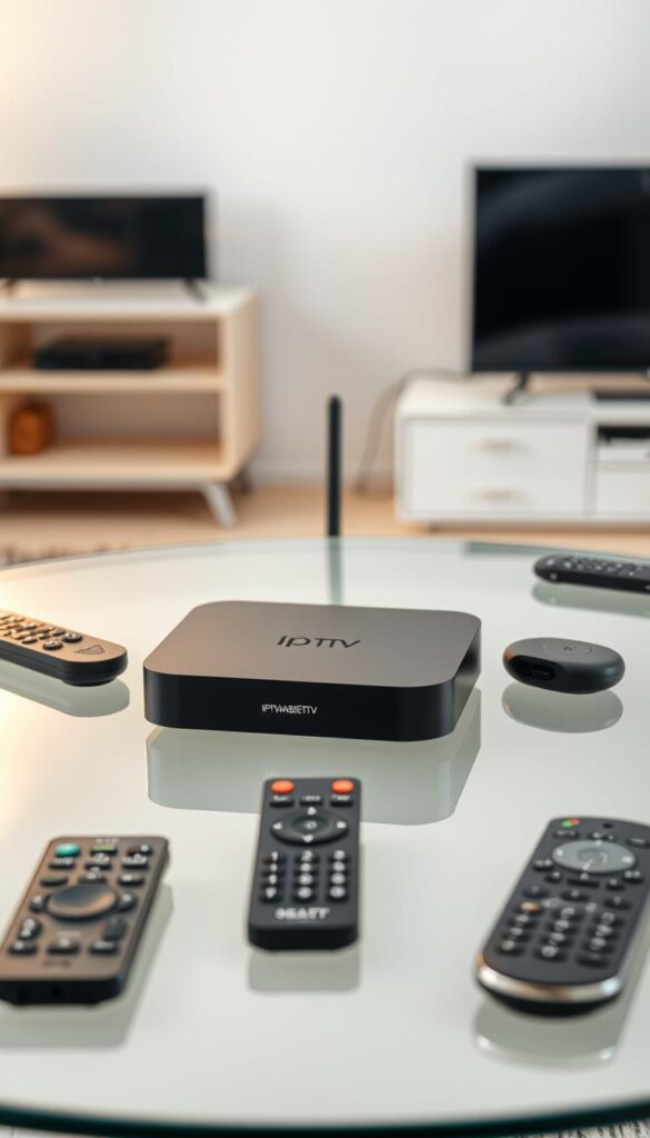 A modern, sleek IPTV streaming device sitting on a minimalist glass-topped table, surrounded by various remote controls and smart devices. The device has a matte black finish with subtle IPTVANBIETERTV branding. Soft, indirect lighting illuminates the scene, creating a warm, inviting atmosphere. The camera angle is slightly elevated, capturing the device and its accessories in a clean, uncluttered composition that emphasizes the streamlined, high-tech nature of the IPTV system. The overall mood is one of sophistication and technological prowess, reflecting the versatility and convenience of using multiple devices to access the IPTV service.