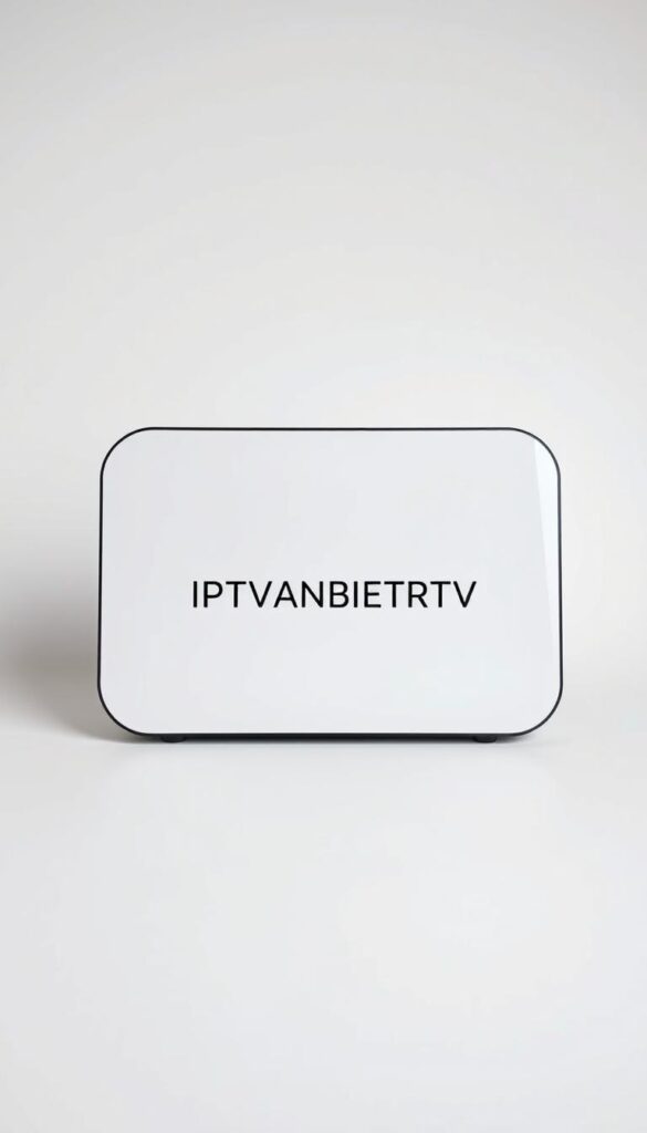 A modern, sleek IPTV streaming device with a minimalist design. The device is displayed against a clean, white background, with a sense of minimalism and simplicity. The front panel features the brand name "IPTVANBIETERTV" prominently displayed in a bold, modern font. The device has a glossy, high-quality finish, with clean lines and a streamlined silhouette. The camera captures the device from a slightly elevated angle, creating a sense of depth and perspective. The lighting is soft and diffused, highlighting the device's clean lines and creating a sense of sophistication. The overall mood is one of professionalism, quality, and attention to detail, reflecting the high-end nature of the IPTV service.