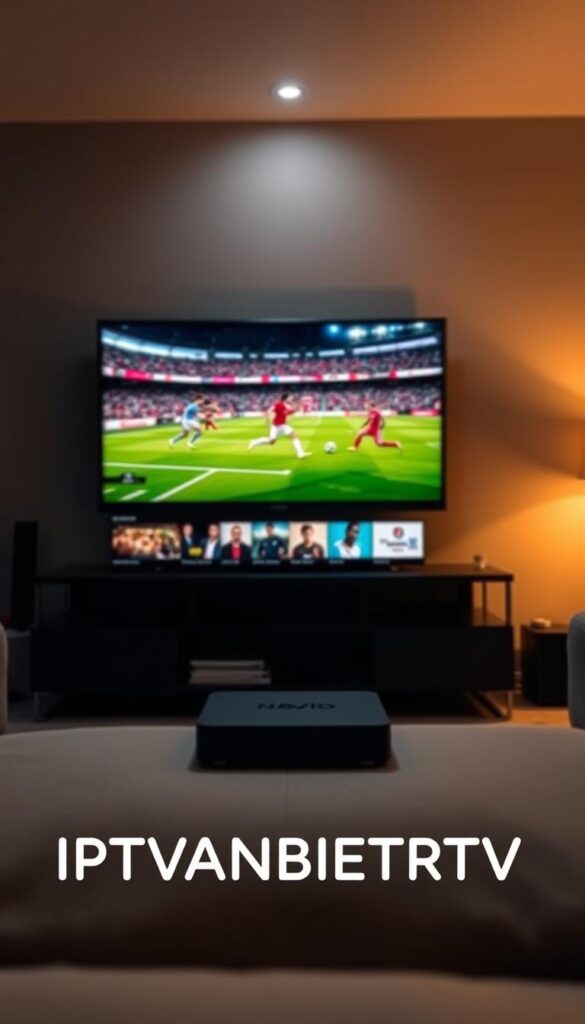 A modern, sleek IPTV streaming service with a minimalist interface and high-quality video playback. A large, vibrant TV screen dominates the frame, showcasing a crisp, high-definition live sports broadcast. In the foreground, the IPTVANBIETERTV brand logo is prominently displayed, conveying a sense of reliability and professionalism. The middle ground features a selection of streaming content thumbnails, hinting at the vast library of movies, TV shows, and live channels available. The background is dimly lit, creating a cozy, immersive atmosphere ideal for home entertainment. Subtle lighting and shadows accentuate the depth and dimensionality of the scene, while a warm color palette evokes a sense of comfort and relaxation.