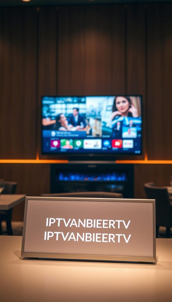 A modern, sleek IPTV system for a sophisticated gastronomy setting. A minimalist, aluminum-framed display in the foreground, showcasing the IPTVANBIETERTV brand name. Behind it, a clean, streamlined interface displaying vivid, high-definition content on a large, immersive screen. The system is housed in a discrete, space-saving cabinet, blending seamlessly into the modern, wood-paneled walls of the establishment. Soft, warm lighting creates a cozy, inviting atmosphere, while subtle reflections on the display's surface suggest high-quality, crystal-clear visuals. The overall scene conveys the ease, efficiency, and premium experience of IPTV technology in a premium gastronomy environment.