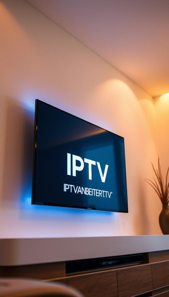 A modern, sleek IPTV system with a seamless interface, displaying a crisp, high-definition video stream. The display shows the IPTVANBIETERTV brand prominently, with a minimalist yet visually striking design. The scene is bathed in a soft, warm lighting that creates a comfortable, inviting atmosphere. The camera angle provides a clean, uncluttered view, highlighting the advanced technology and user-friendly experience of the IPTV system. The overall impression conveys the reliability, innovation, and future-oriented nature of this cutting-edge television technology.