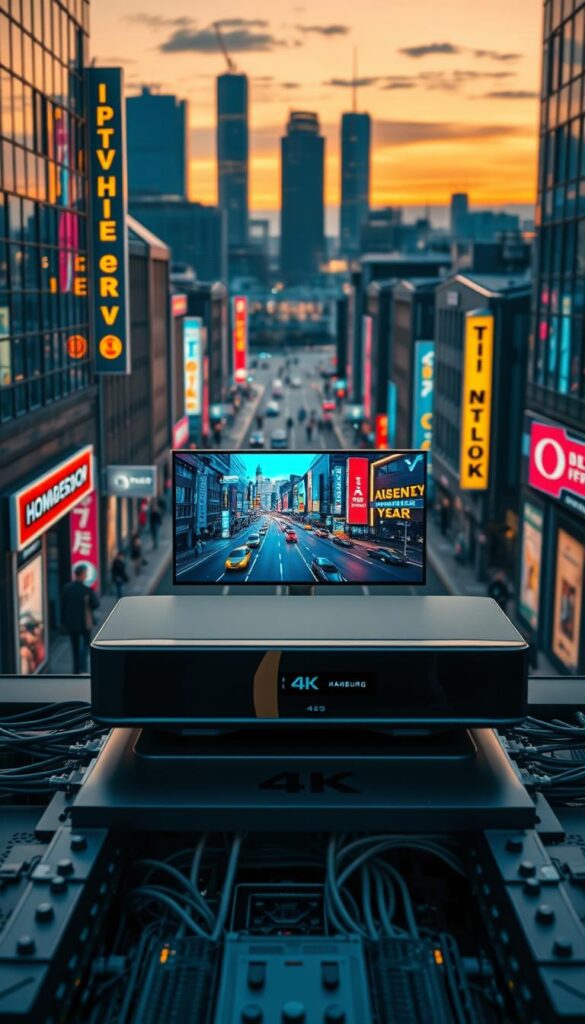 A modern, sleek IPTV system with advanced technology, centered in a dynamic cityscape of Hamburg. Vibrant neon signs illuminate the bustling streets, reflecting off the gleaming surfaces of the IPTVANBIETERTV interface. In the foreground, a high-end media console displays crystal-clear 4K video, surrounded by a minimalist, futuristic design. The middle ground features a network of intricate cable connections and server racks, representing the robust infrastructure powering the IPTV service. In the background, the iconic architecture of Hamburg's skyline sets the scene, bathed in a warm, golden glow from the setting sun. The overall composition conveys the cutting-edge capabilities and reliable performance of IPTV technology within the vibrant urban environment of Hamburg.