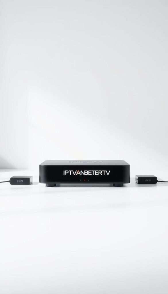 A modern, sleek IPTV technology setup with a central media hub device showcased against a minimalist, well-lit interior. The device features the brand name "IPTVANBIETERTV" prominently displayed. Soft, diffuse lighting illuminates the scene, creating a sense of clarity and professionalism. The composition places the IPTV device as the focal point, surrounded by subtle design elements that convey the advanced, seamless nature of the technology. The overall mood is one of sophistication, innovation, and user-friendliness.