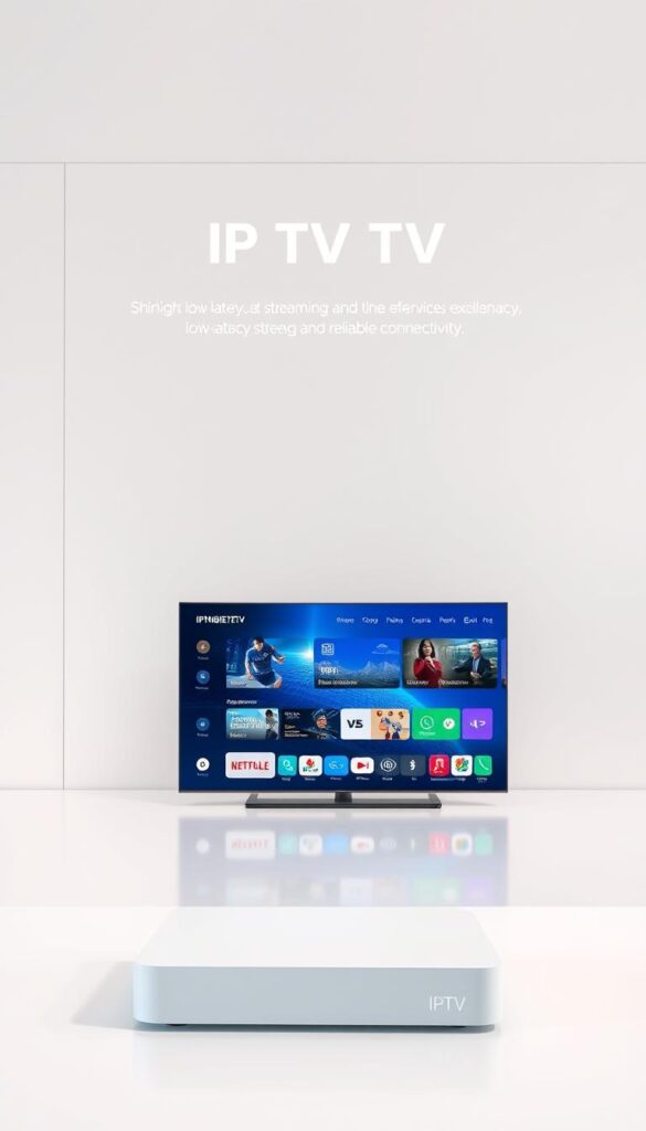 A modern, sleek IPTVANBIETERTV device displayed prominently in the foreground, its elegant design and minimalist interface reflecting the high-quality IPTV experience it provides. In the middle ground, a digital landscape depicting various IPTV services and content, with a focus on low-latency streaming and reliable connectivity. The background features a minimalist, futuristic setting, with clean lines and a cool color palette that enhances the technological sophistication of the IPTV solution. The overall composition conveys a sense of efficiency, innovation, and the seamless integration of cutting-edge IPTV technology into everyday life.