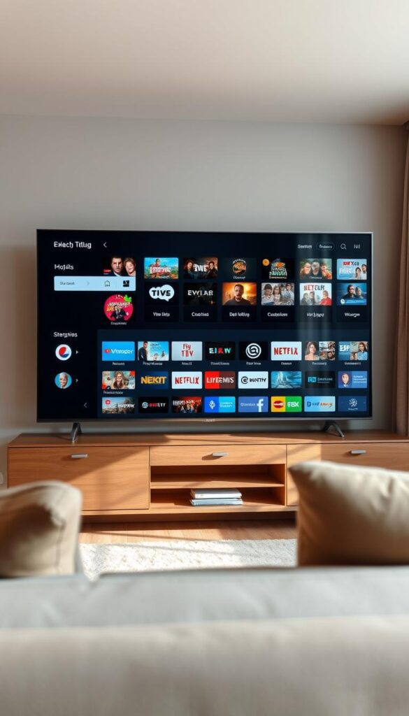 A modern, sleek IPTVANBIETERTV display showing a wide variety of TV channels and streaming options, set against a warm, inviting living room scene in Hamburg. The display features a minimalist user interface with intuitive navigation, highlighting the benefits of IPTV for Hamburger households - easy access to diverse content, support for multiple devices, and seamless integration with smart home technologies. The room is bathed in soft, natural lighting, creating a cozy and relaxed atmosphere. The overall scene conveys the convenience and versatility of IPTV, catering to the entertainment and connectivity needs of the modern Hamburger household.