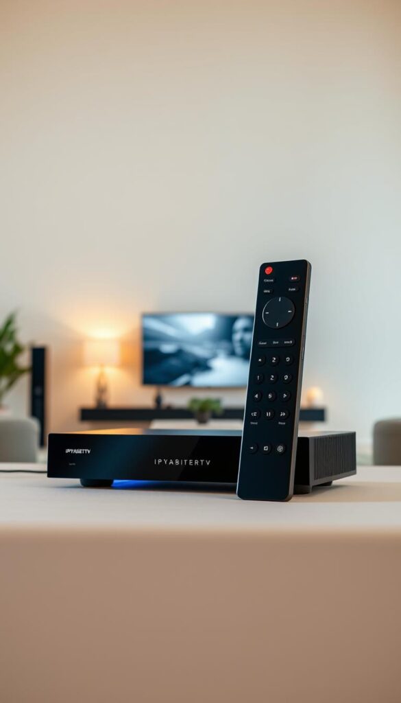 A modern, sleek IPTVANBIETERTV home entertainment system set against a soft, neutral background. The device has a minimalist design with clean lines and a glossy black finish. Subtle ambient lighting creates a warm, inviting atmosphere. The remote control is prominently displayed, highlighting the intuitive user interface. In the middle ground, a tastefully decorated living room showcases the system's seamless integration, with a large, high-definition display taking center stage. The overall scene conveys a sense of effortless convenience and high-quality entertainment.