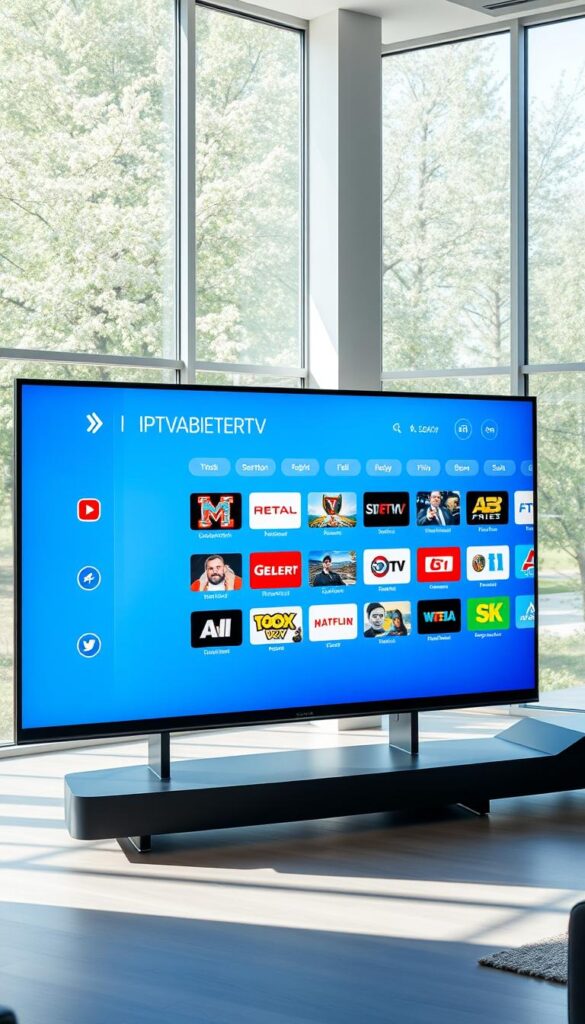 A modern, sleek IPTVANBIETERTV interface displayed on a large, high-resolution screen. The screen is positioned in a bright, airy room with plenty of natural light filtering in through large windows. The interface showcases a clean, minimalist design with intuitive navigation and a rich selection of German television channels. The overall mood is one of efficiency, accessibility, and technological sophistication, reflecting the seamless IPTV experience in Deutschland. The camera angle is slightly elevated, providing a comprehensive view of the screen and its surrounding environment.