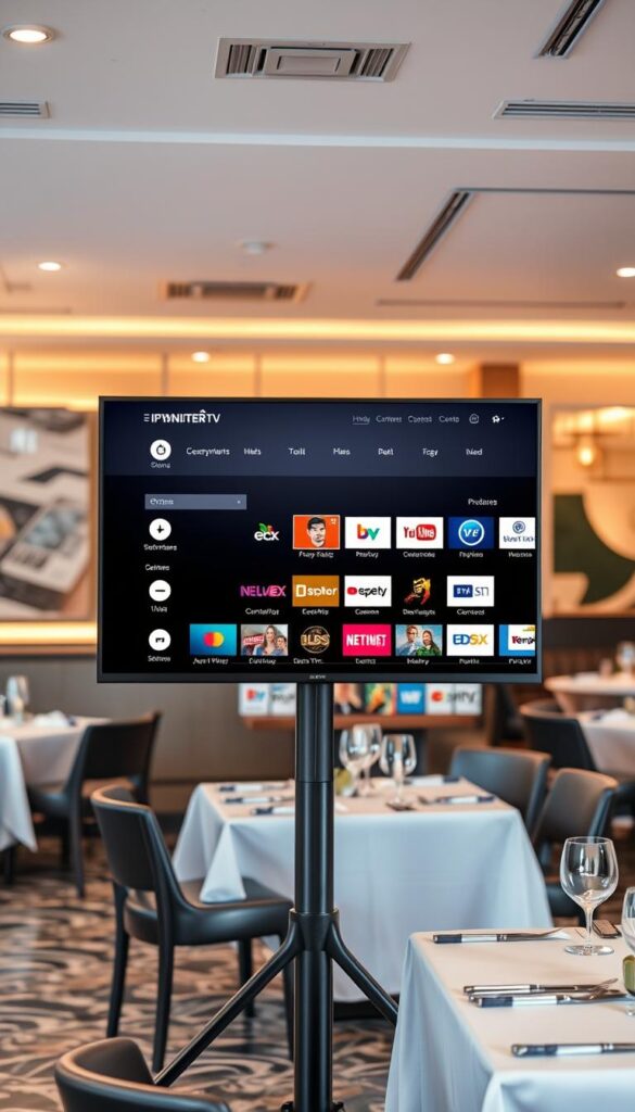 A modern, sleek IPTVANBIETERTV interface presented on a large, high-resolution display in a well-lit, sophisticated restaurant setting. The display showcases a diverse selection of TV channels, streaming services, and tailored content for the hospitality industry. The interface is intuitive and easy to navigate, with crisp graphics and a clean, minimalist design. The display is mounted on a sturdy, adjustable stand, allowing for optimal positioning and visibility throughout the dining area. The overall atmosphere conveys a sense of technological advancement and high-quality entertainment seamlessly integrated into the gastronomic experience.