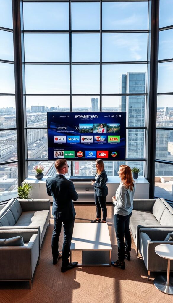 A modern, sleek IPTVANBIETERTV office in Hamburg, Germany. The interior features floor-to-ceiling windows overlooking the city skyline, allowing natural light to flood the space. Minimalist furniture in shades of grey and white create a clean, professional atmosphere. A large display screen dominates the center of the room, showcasing the latest IPTV offerings. Employees in smart casual attire discuss packages and services with potential customers. The scene conveys a sense of technological innovation and customer-centric service in the heart of Hamburg's thriving media landscape.