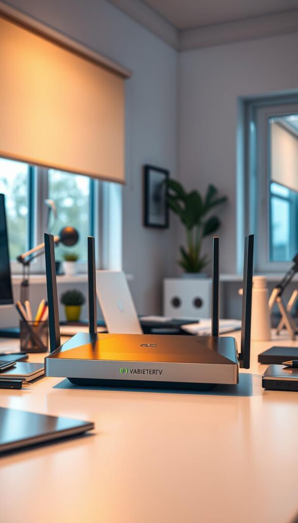 A modern, sleek IPTVANBIETERTV router sitting prominently on a desk, casting a soft glow in a well-lit, minimalist home office. Metallic surfaces gleam under a combination of warm overhead lighting and natural daylight filtering in through large windows. The router is the focal point, surrounded by neatly organized office supplies and technology peripherals, conveying a sense of efficiency and professionalism. The composition has a balanced, symmetrical layout, emphasizing the router's importance in enabling a reliable, high-speed IPTV connection.