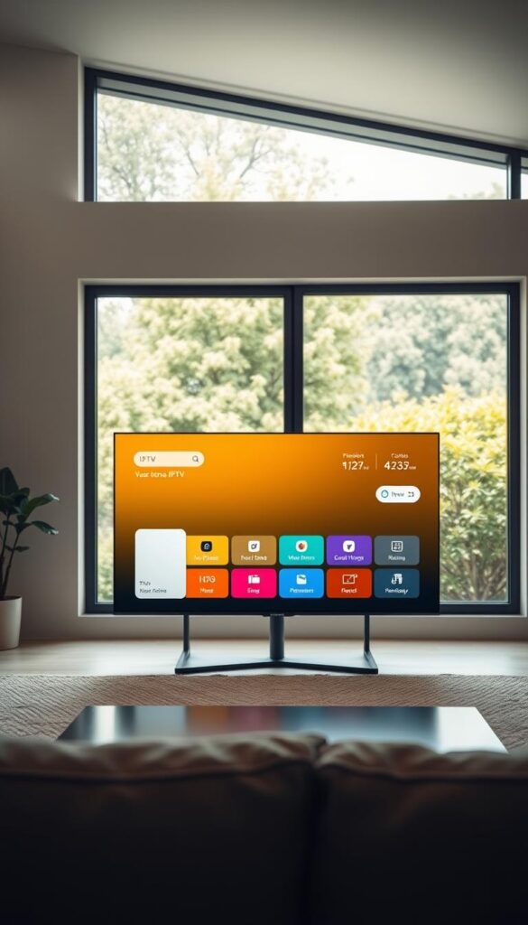 A modern, sleek IPTVANBIETERTV set in a minimalist living room with large windows overlooking a lush garden. The screen displays an intuitive IPTV interface showcasing a variety of flexible subscription options and competitive pricing. Soft, indirect lighting creates a warm, inviting atmosphere, while the clean, uncluttered composition highlights the service's simplicity and user-friendliness. The overall scene conveys a sense of comfort, affordability, and seamless home entertainment.