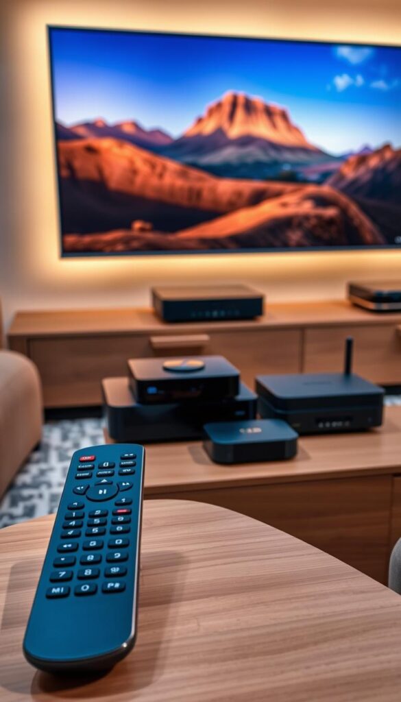 A modern, sleek IPTVANBIETERTV set with a large, high-definition display showing a vibrant, crystal-clear image. The device is situated on a minimalist, wood-grain media console, surrounded by subtle ambient lighting that creates a cozy, inviting atmosphere. In the foreground, a sophisticated remote control with intuitive buttons and a clean, uncluttered design. The middle ground features various media streaming devices, neatly organized, showcasing the system's recording and playback capabilities. The background depicts a comfortable living room setting, with plush furniture and warm, indirect lighting, creating a relaxing, cinema-like experience.