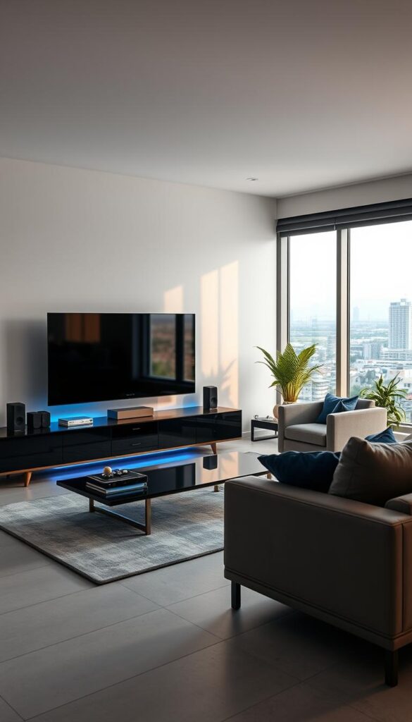 A modern, sleek IPTVANBIETERTV setup in a minimalist living room in Stuttgart, Germany. Soft, diffused lighting illuminates the high-tech media center and smart home devices. Crisp 4K resolution, seamless streaming, and intuitive voice controls create an immersive, high-quality IPTV experience. Elegant, dark wood furniture and large windows overlooking the cityscape establish a sophisticated, urban atmosphere. Subtle blue accents and ambient mood lighting evoke a sense of comfort and technological advancement. The scene conveys the technical excellence and lifestyle benefits of IPTV in Stuttgart.