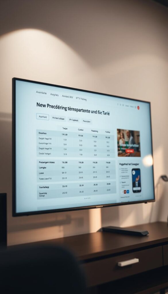 A modern, sleek IPTVANBIETERTV website interface showcasing IPTV Tarife NRW Vergleich on a large, high-resolution monitor. The display features a clean, minimalist design with sections for different IPTV packages, pricing, and feature comparisons. The foreground has sharp focus on the pricing table, while the background is slightly blurred, creating depth and emphasizing the key information. Soft, directional lighting from the top left casts subtle shadows, giving the scene a professional, well-lit appearance. The overall mood is one of clarity, transparency, and attention to detail, reflecting the section title "Unsere Preisgestaltung: Transparente und faire Tarife".