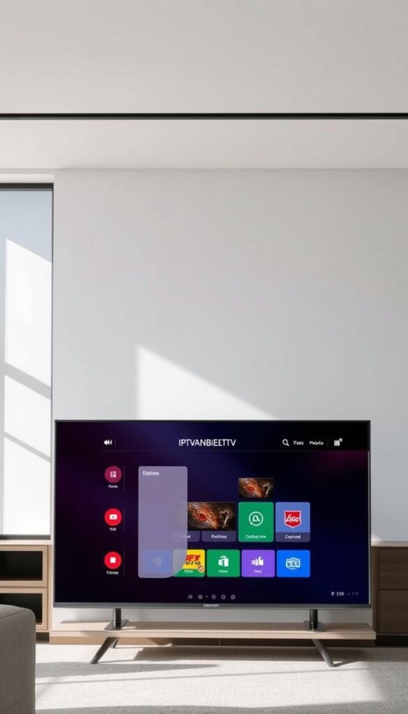 A modern, sleek Smart TV displaying the IPTVANBIETERTV logo, showcasing its versatile IPTV capabilities. The TV stands prominently in a minimalist living room setting, with a large window in the background allowing natural light to fill the space. The interface on the screen highlights the device's intuitive menu system and wide selection of channels. The overall atmosphere conveys a sense of technological sophistication and seamless entertainment experience.