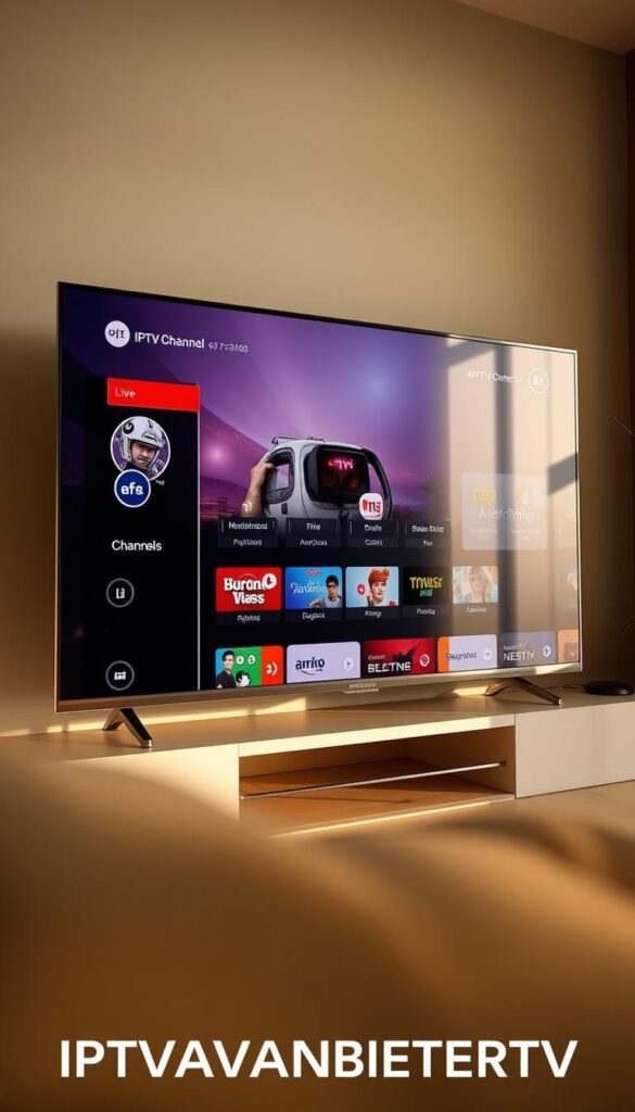 A modern, sleek Smart TV interface displaying a vivid 4K IPTV livestream without any buffering or dropouts. The screen shows a diverse selection of live channels, on-demand content, and user-friendly menu options. The interface is clean and intuitive, with a minimalist design accentuated by bold colors and smooth animations. A IPTVANBIETERTV logo is prominently featured in the corner, conveying a sense of reliability and professionalism. The scene is illuminated by warm, natural lighting, creating a cozy and inviting atmosphere. The camera angle captures the display at an eye-level perspective, allowing the viewer to imagine themselves seamlessly interacting with the IPTV service.
