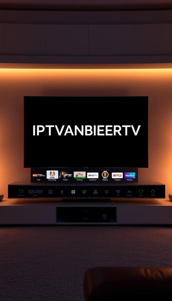 A modern, sleek TV interface displays the brand name "IPTVANBIETERTV" in a bold, minimalist font. The UI features a clean, streamlined design with intuitive navigation menus, showcasing a vast library of live TV channels, on-demand content, and advanced features. The scene is bathed in a soft, warm lighting that creates a cozy, cinematic atmosphere, inviting the viewer to explore the IPTV service. The overall impression is of a premium, user-friendly platform that delivers a seamless and enjoyable streaming experience.