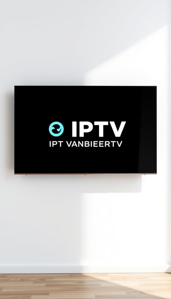 A modern, sleek TV screen displaying the IPTVANBIETERTV brand logo against a clean, minimalist background. The screen is mounted on a minimalist white wall, casting a soft, even light across the scene. The overall composition conveys a sense of professionalism, simplicity, and high-quality IPTV services available in Deutschland. The image should have a crisp, high-resolution quality, using a wide-angle lens to capture the entire setup in a single frame.
