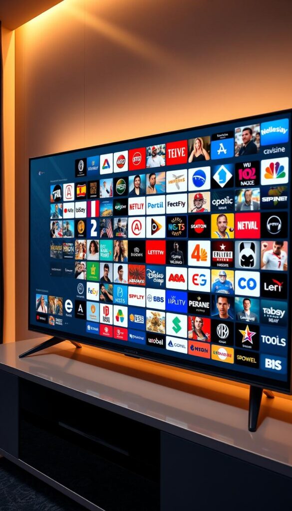 A modern, sleek TV set displaying a wide selection of international channels from the IPTVANBIETERTV service. The screen showcases a vibrant and diverse lineup of global content, from news and sports to movies and entertainment. The TV is placed on a stylish entertainment unit, with a warm, inviting lighting setup that creates a cozy, high-end atmosphere. The composition emphasizes the impressive breadth of the channel offering, capturing the international appeal and the convenience of accessing a vast array of global programming through a single IPTV platform.