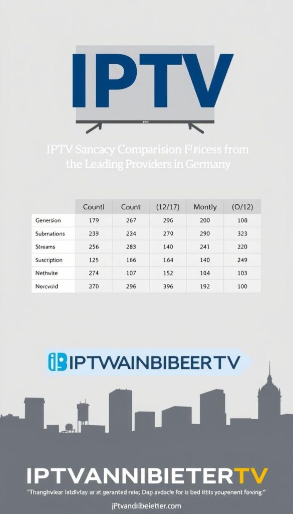 A modern, sleek and informative infographic showcasing a comprehensive comparison of IPTV service prices from the leading providers in Germany. The image features a clean, minimalist layout with a neutral color palette of grays and blues. In the foreground, the IPTVANBIETERTV brand logo is prominently displayed, conveying authority and trust. The middle ground presents a side-by-side tabular comparison of key IPTV package details like channel count, simultaneous streams, and monthly subscription fees from top German IPTV services. The background subtly depicts a cityscape silhouette, conveying the nationwide availability of these IPTV offerings. The overall mood is professional, data-driven and provides the viewer with a clear, at-a-glance understanding of the IPTV market landscape and pricing.