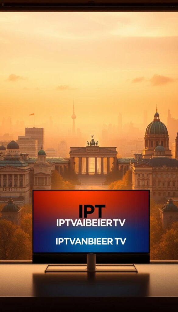A modern, sleek, and minimalist cityscape of Berlin, Germany, bathed in warm, golden tones. In the foreground, a large, high-definition television screen displays the IPTVANBIETERTV brand logo, showcasing the revolution of television through the power of IPTV technology. The middle ground features a cityscape of iconic Berlin landmarks, such as the Brandenburg Gate and the Reichstag building, all rendered in a stylized, almost photorealistic manner. In the background, a hazy, atmospheric sky with subtle cloud formations adds depth and drama to the scene. The overall composition and lighting evoke a sense of technological progress, innovation, and the future of television entertainment.