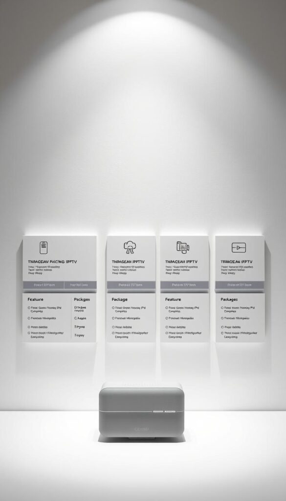 A modern, sleek and minimalist composition showcasing the IPTVANBIETERTV pricing plans. Set against a clean, white background, the product shots feature the various IPTV packages presented in an organized grid layout, highlighted by subtle shadows and soft, diffused lighting to emphasize the details. The packages are depicted with simple icons and concise, legible typography to clearly communicate the plan tiers and their corresponding features. The overall mood is professional, informative and visually appealing, guiding the viewer's attention to the key pricing details.